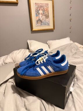 adidas Kids Royal Blue Suede Sneakers with White Stripes